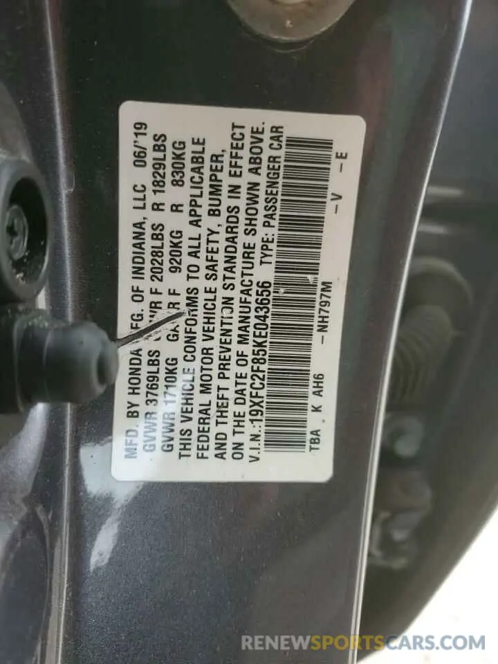 12 Фотография поврежденного автомобиля 19XFC2F85KE043656 HONDA CIVIC 2019