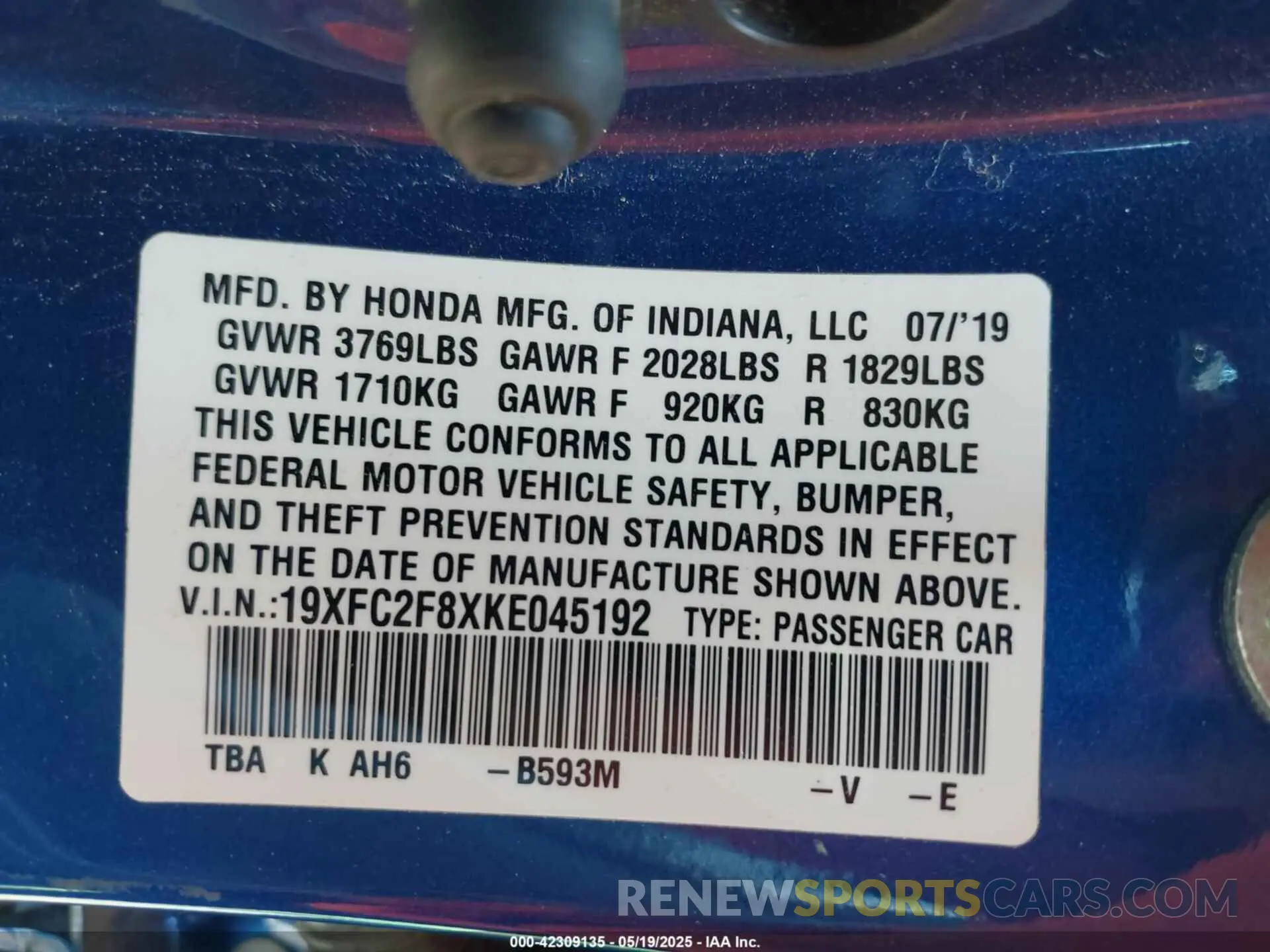 9 Photograph of a damaged car 19XFC2F8XKE045192 HONDA CIVIC 2019