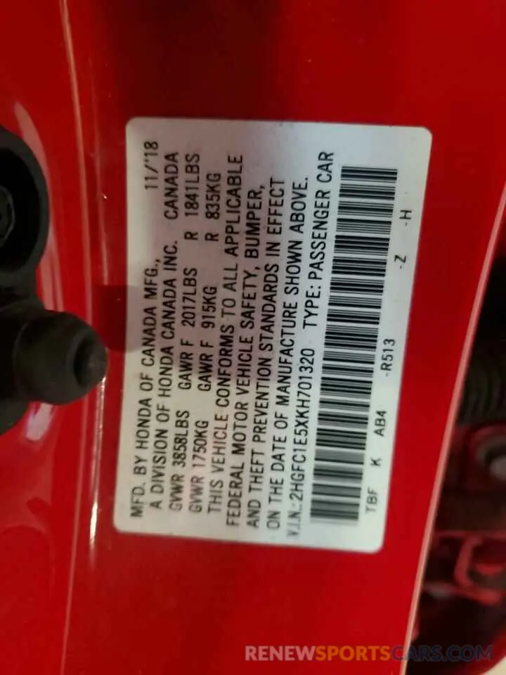 12 Photograph of a damaged car 2HGFC1E5XKH701320 HONDA CIVIC 2019