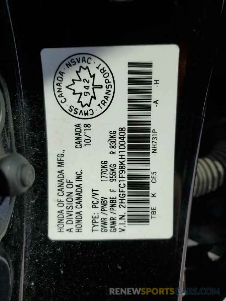 13 Photograph of a damaged car 2HGFC1F98KH100408 HONDA CIVIC 2019