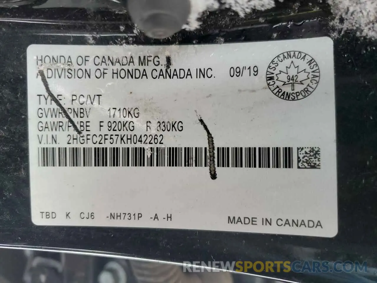 12 Photograph of a damaged car 2HGFC2F57KH042262 HONDA CIVIC 2019