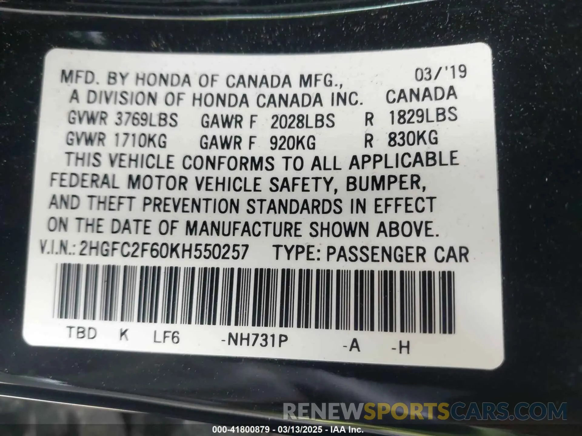9 Photograph of a damaged car 2HGFC2F60KH550257 HONDA CIVIC 2019