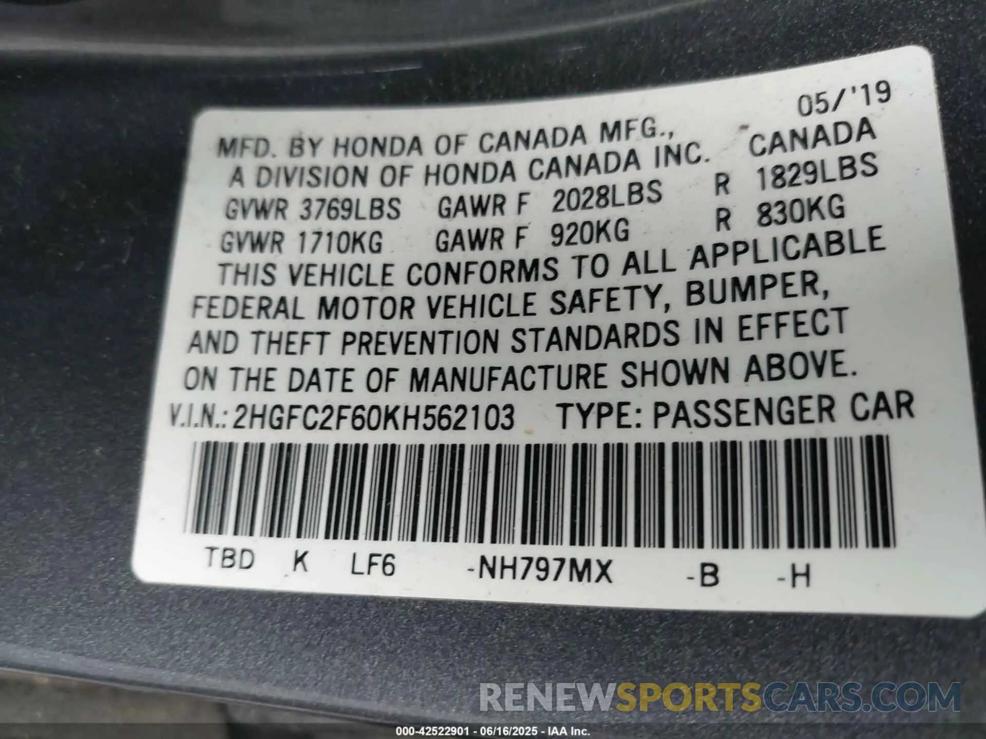 9 Photograph of a damaged car 2HGFC2F60KH562103 HONDA CIVIC 2019