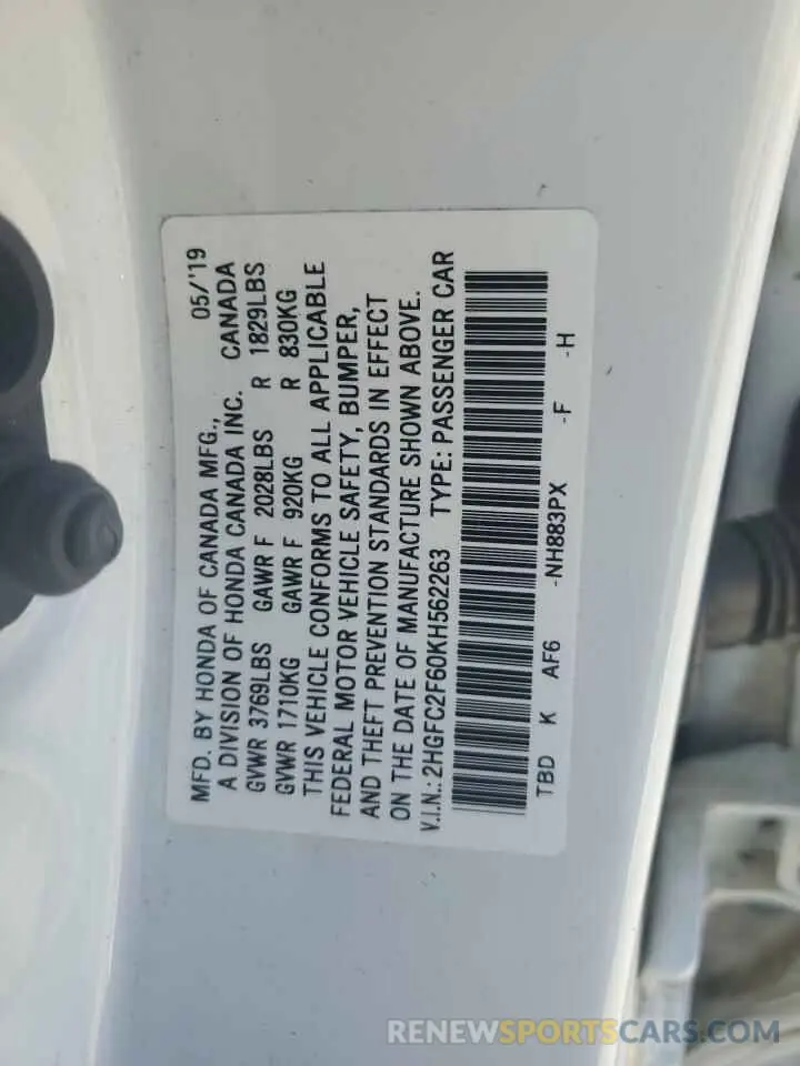 13 Фотография поврежденного автомобиля 2HGFC2F60KH562263 HONDA CIVIC 2019