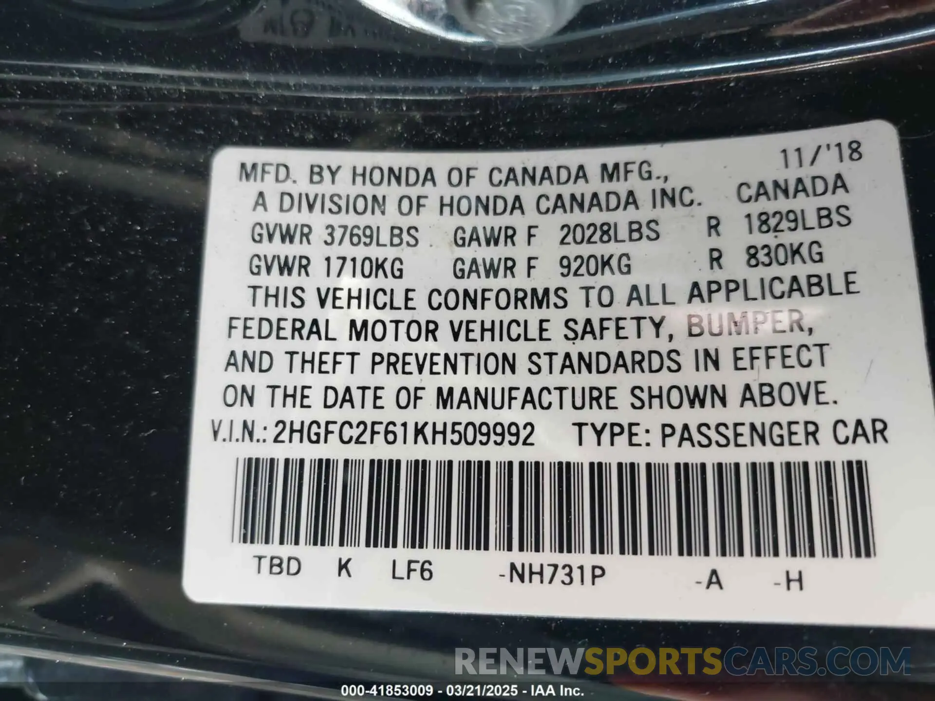 9 Фотография поврежденного автомобиля 2HGFC2F61KH509992 HONDA CIVIC 2019
