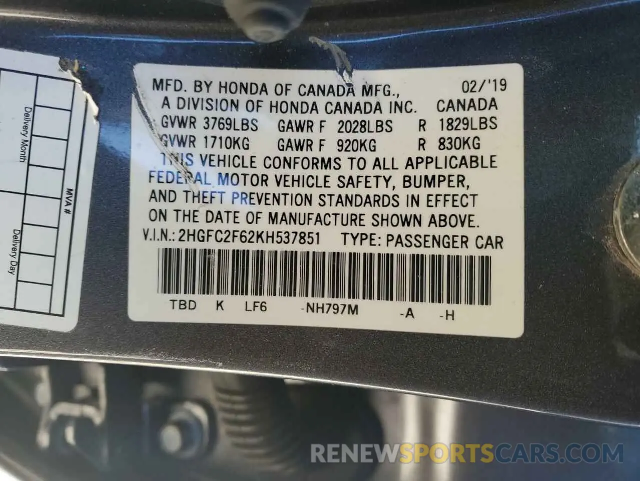 15 Photograph of a damaged car 2HGFC2F62KH537851 HONDA CIVIC 2019