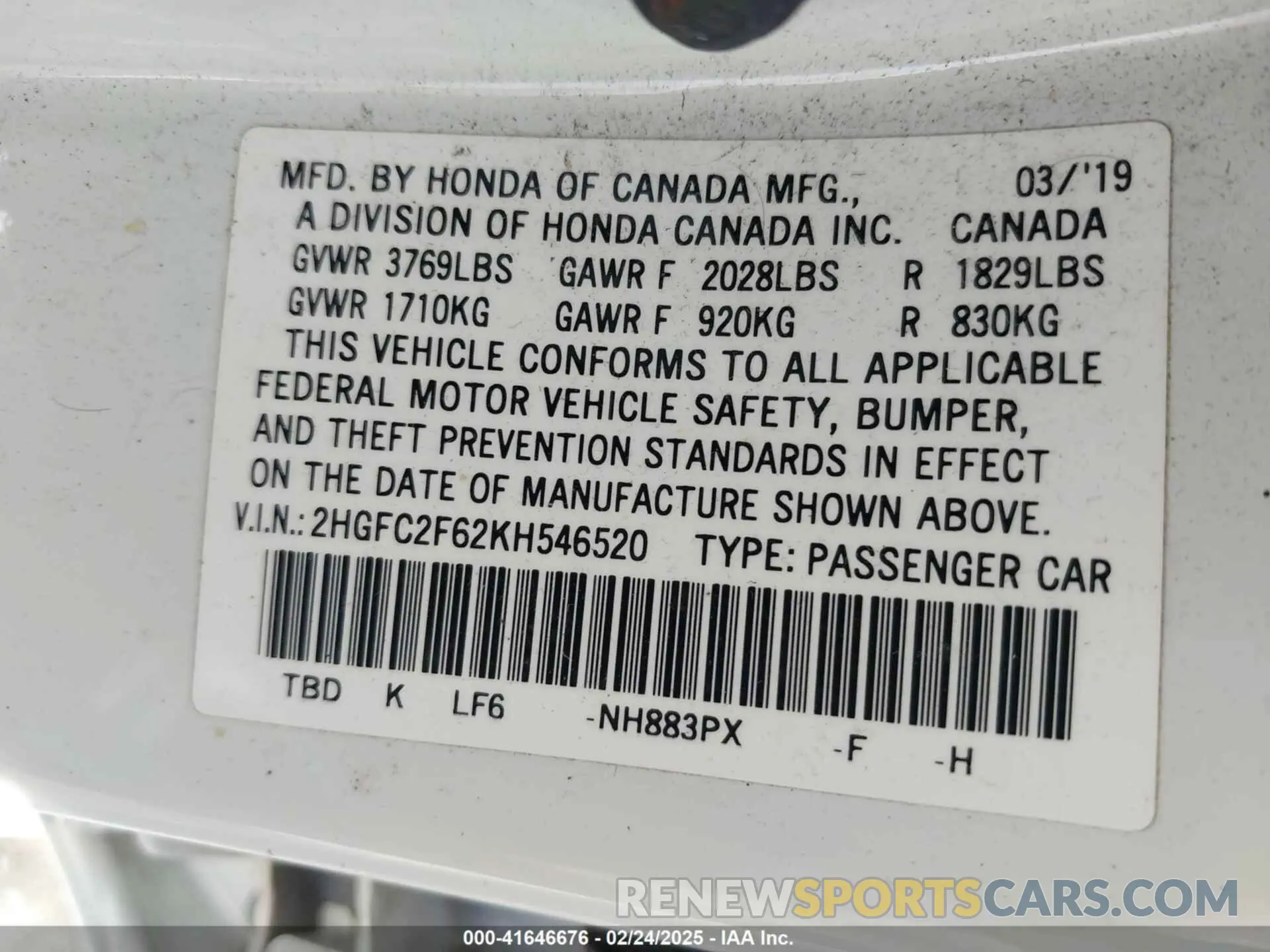 9 Photograph of a damaged car 2HGFC2F62KH546520 HONDA CIVIC 2019