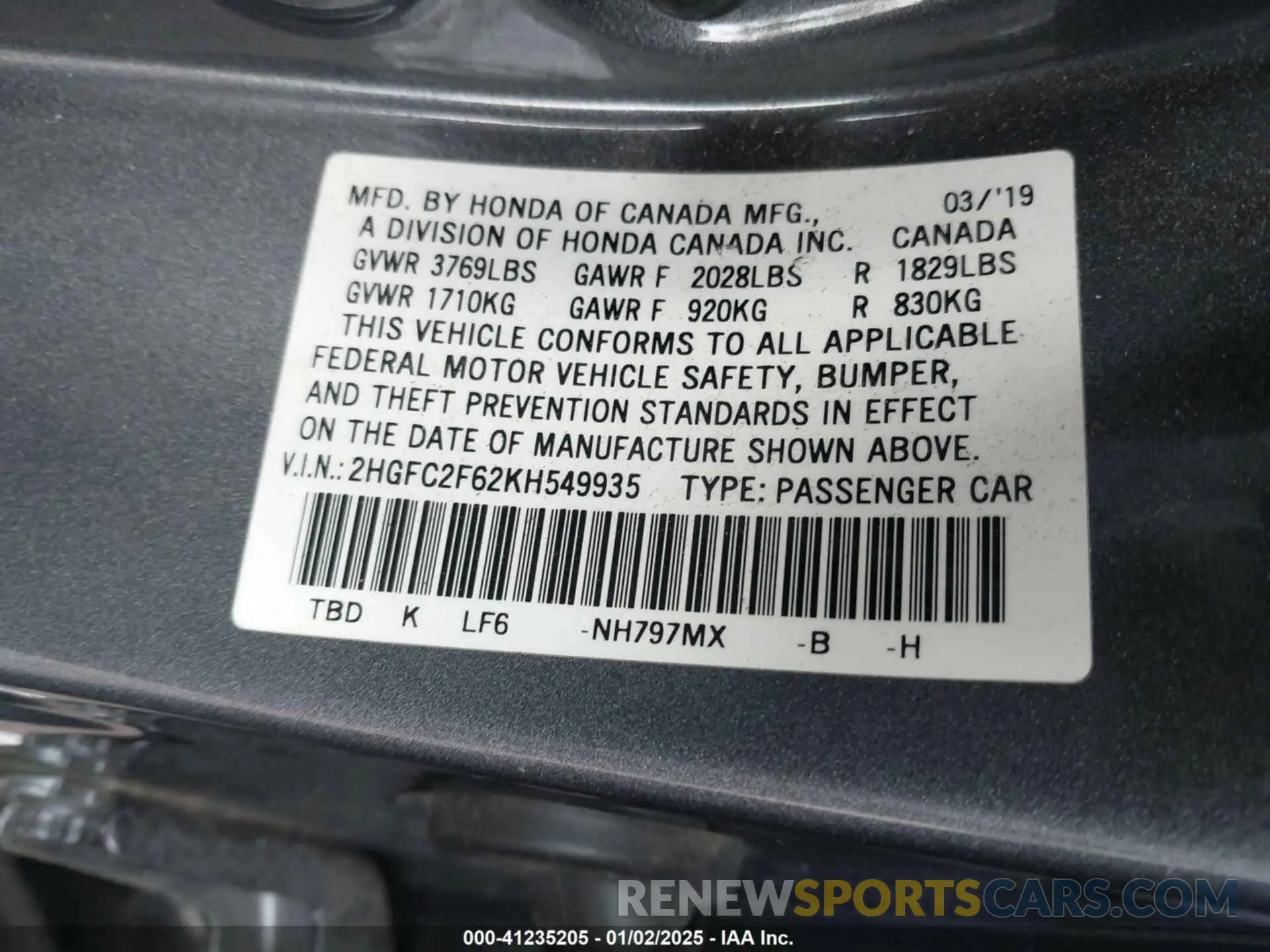 9 Photograph of a damaged car 2HGFC2F62KH549935 HONDA CIVIC 2019