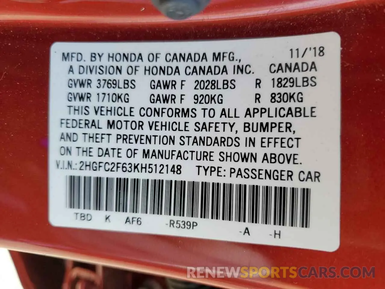 14 Фотография поврежденного автомобиля 2HGFC2F63KH512148 HONDA CIVIC 2019