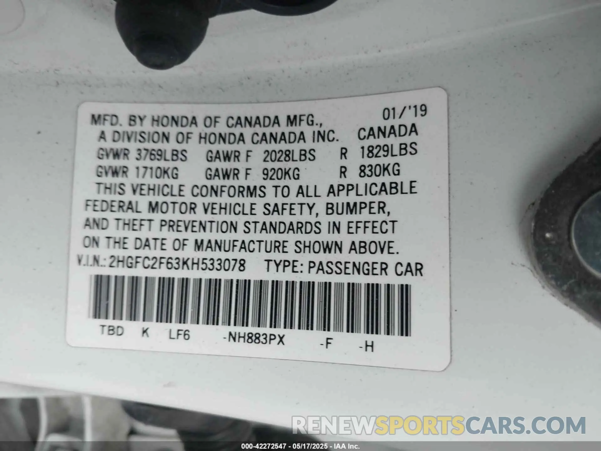 9 Photograph of a damaged car 2HGFC2F63KH533078 HONDA CIVIC 2019