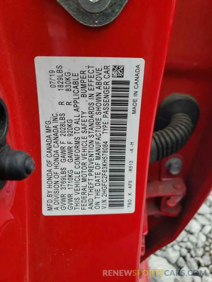 12 Photograph of a damaged car 2HGFC2F63KH578084 HONDA CIVIC 2019