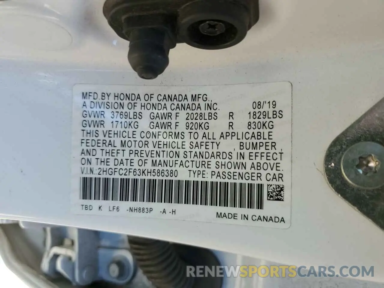 15 Photograph of a damaged car 2HGFC2F63KH586380 HONDA CIVIC 2019