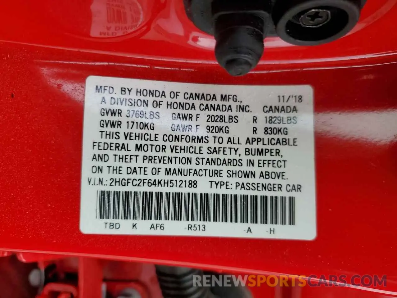 13 Photograph of a damaged car 2HGFC2F64KH512188 HONDA CIVIC 2019