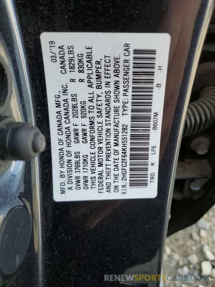 12 Photograph of a damaged car 2HGFC2F64KH551282 HONDA CIVIC 2019