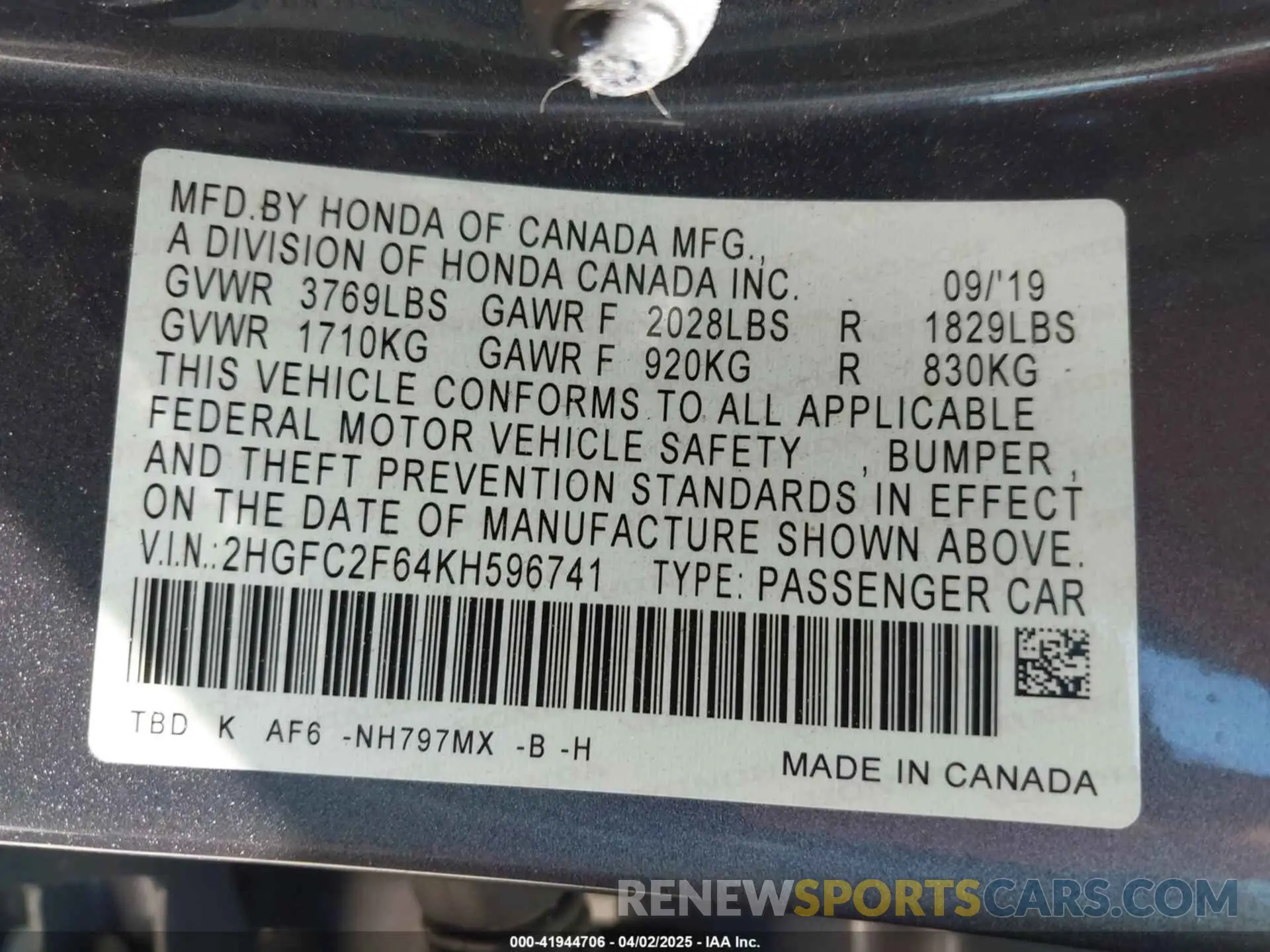 9 Photograph of a damaged car 2HGFC2F64KH596741 HONDA CIVIC 2019