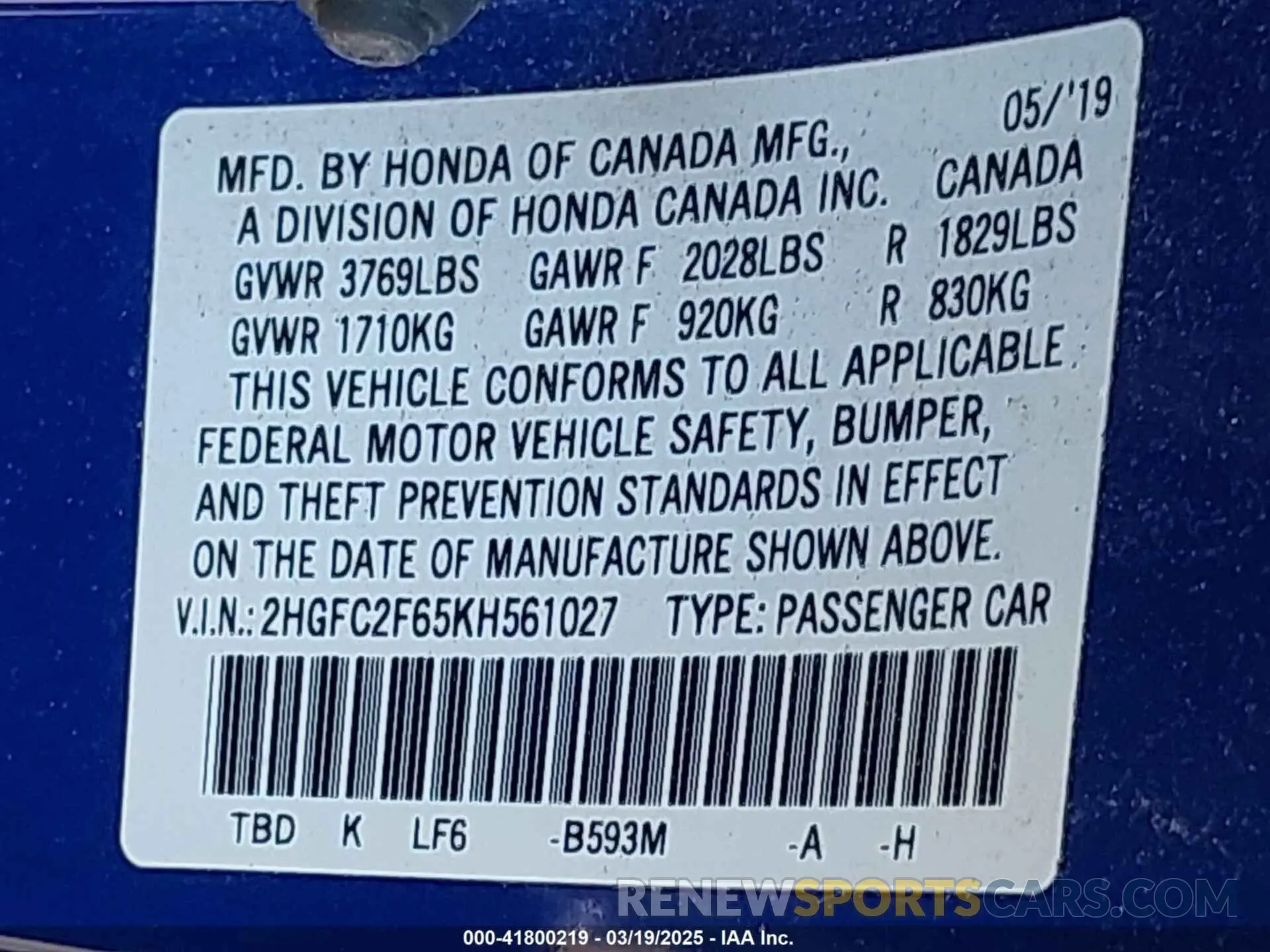 9 Photograph of a damaged car 2HGFC2F65KH561027 HONDA CIVIC 2019