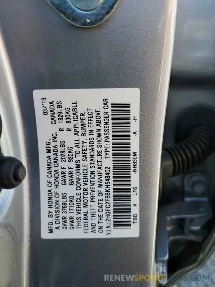 12 Фотография поврежденного автомобиля 2HGFC2F66KH548402 HONDA CIVIC 2019