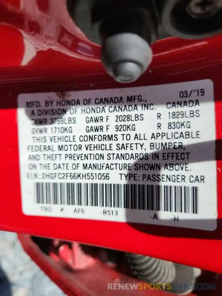 12 Photograph of a damaged car 2HGFC2F66KH551056 HONDA CIVIC 2019