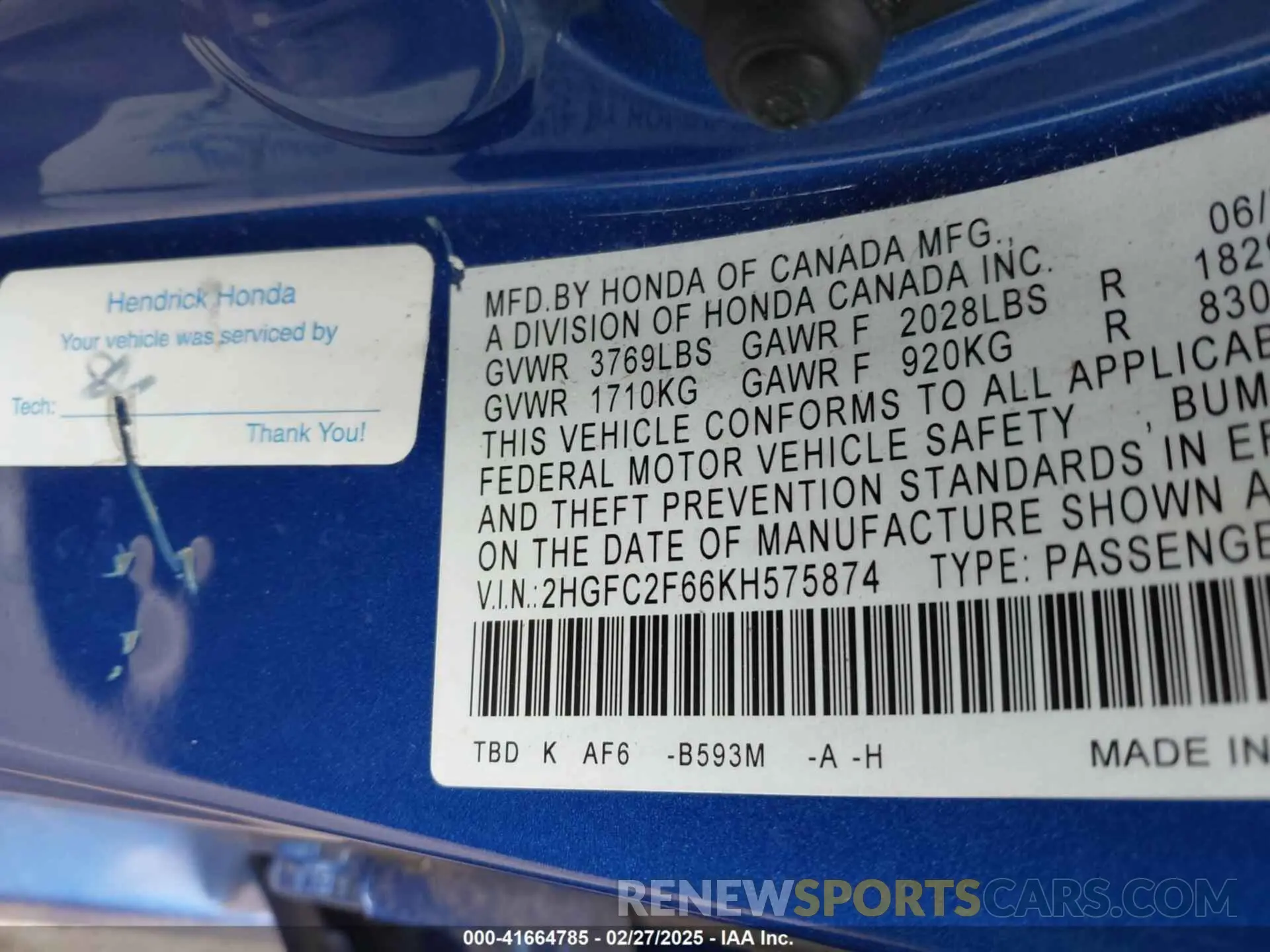 9 Photograph of a damaged car 2HGFC2F66KH575874 HONDA CIVIC 2019