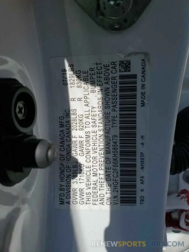 12 Photograph of a damaged car 2HGFC2F66KH585479 HONDA CIVIC 2019