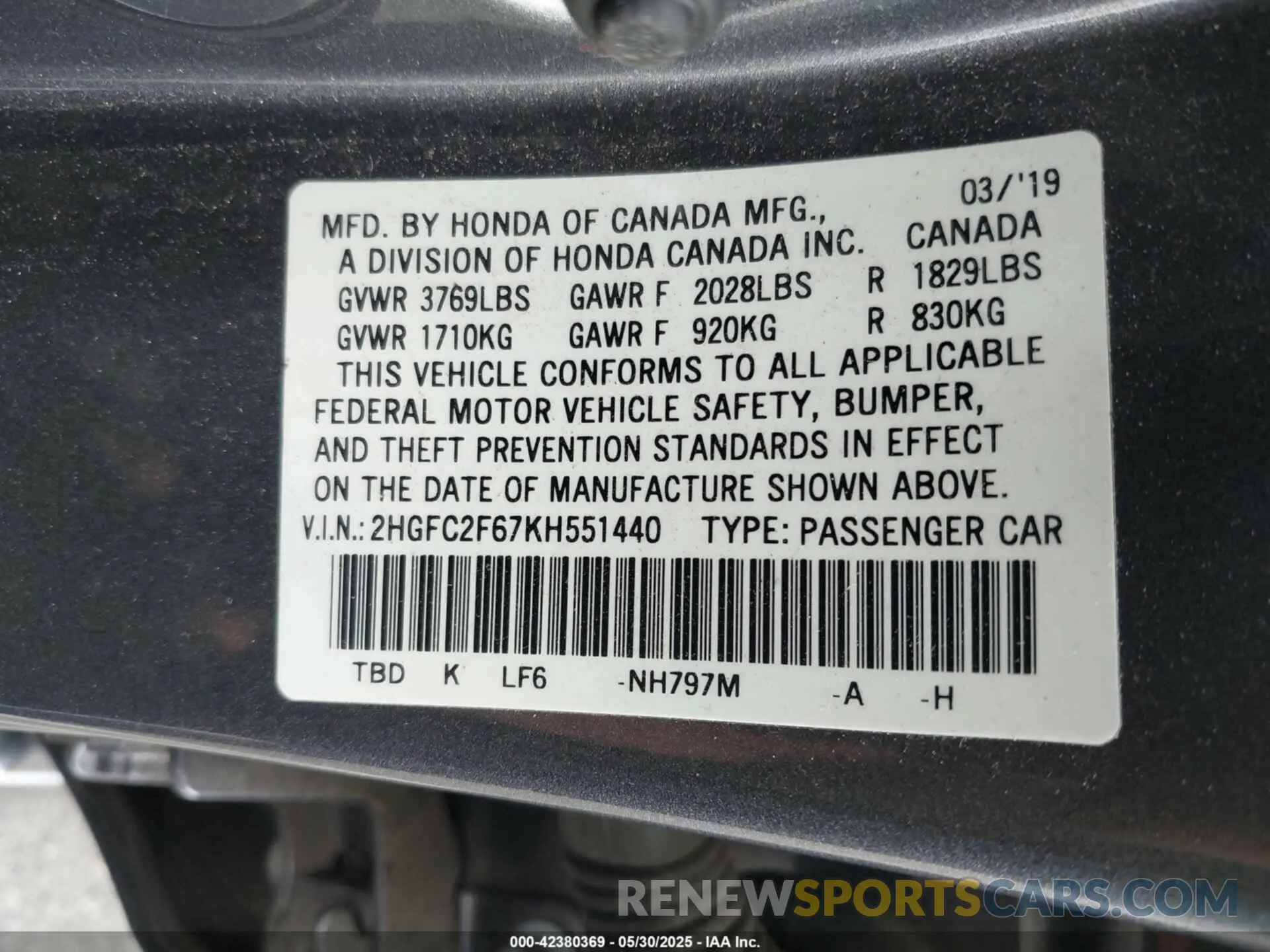 9 Photograph of a damaged car 2HGFC2F67KH551440 HONDA CIVIC 2019