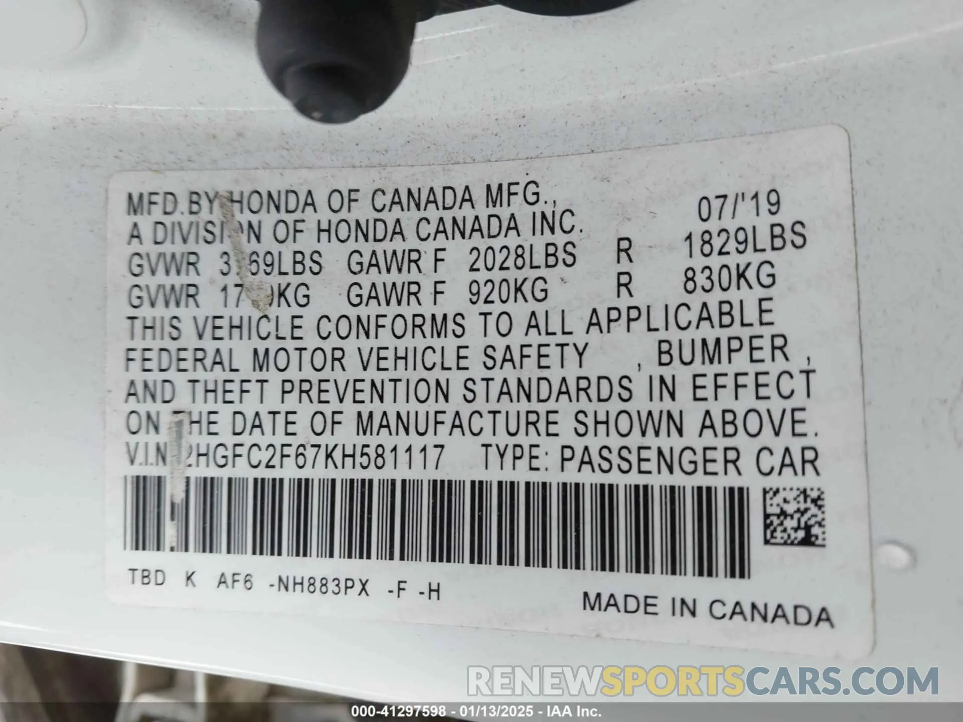 9 Photograph of a damaged car 2HGFC2F67KH581117 HONDA CIVIC 2019