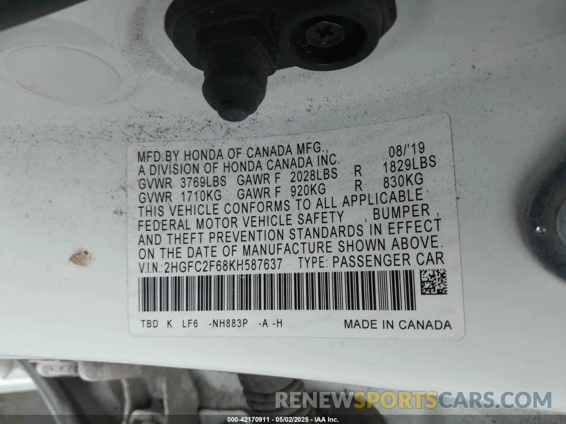 9 Photograph of a damaged car 2HGFC2F68KH587637 HONDA CIVIC 2019