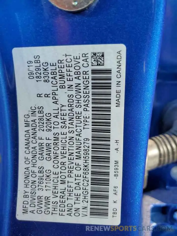 13 Photograph of a damaged car 2HGFC2F68KH598279 HONDA CIVIC 2019