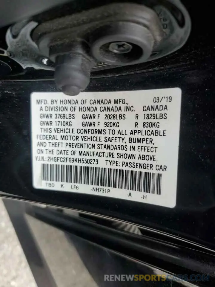 14 Фотография поврежденного автомобиля 2HGFC2F69KH550273 HONDA CIVIC 2019