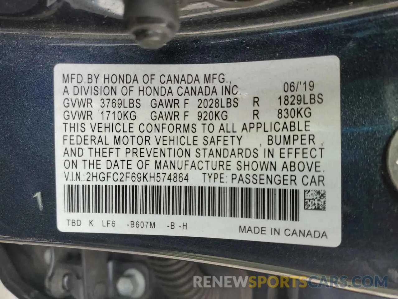 12 Photograph of a damaged car 2HGFC2F69KH574864 HONDA CIVIC 2019