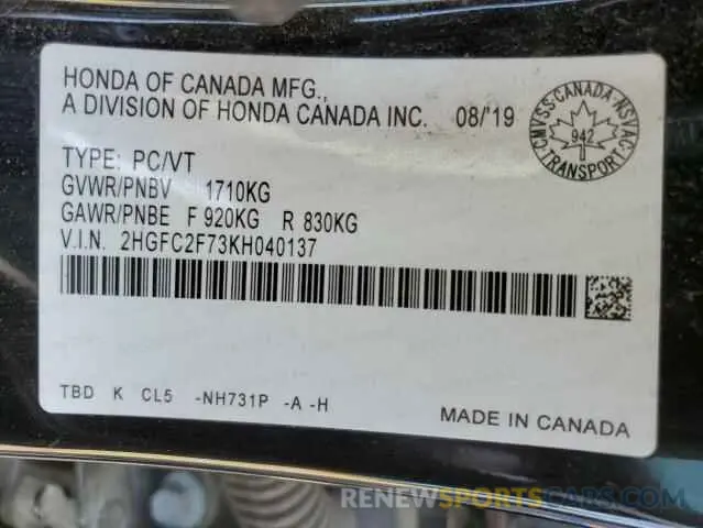 13 Photograph of a damaged car 2HGFC2F73KH040137 HONDA CIVIC 2019
