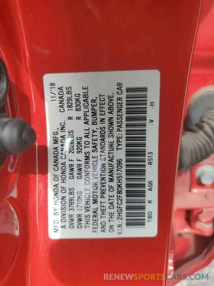 12 Photograph of a damaged car 2HGFC2F80KH517096 HONDA CIVIC 2019