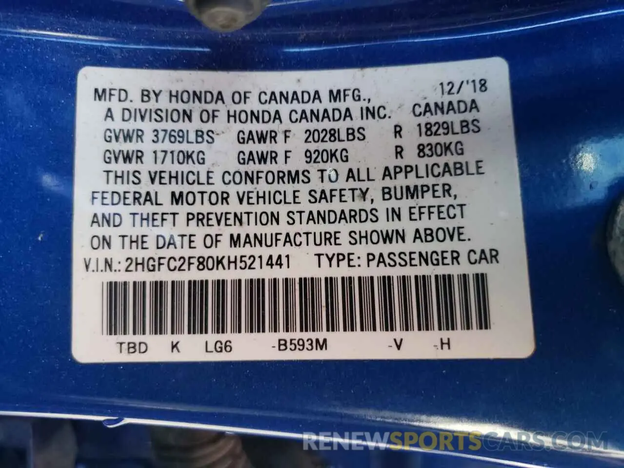 12 Photograph of a damaged car 2HGFC2F80KH521441 HONDA CIVIC 2019