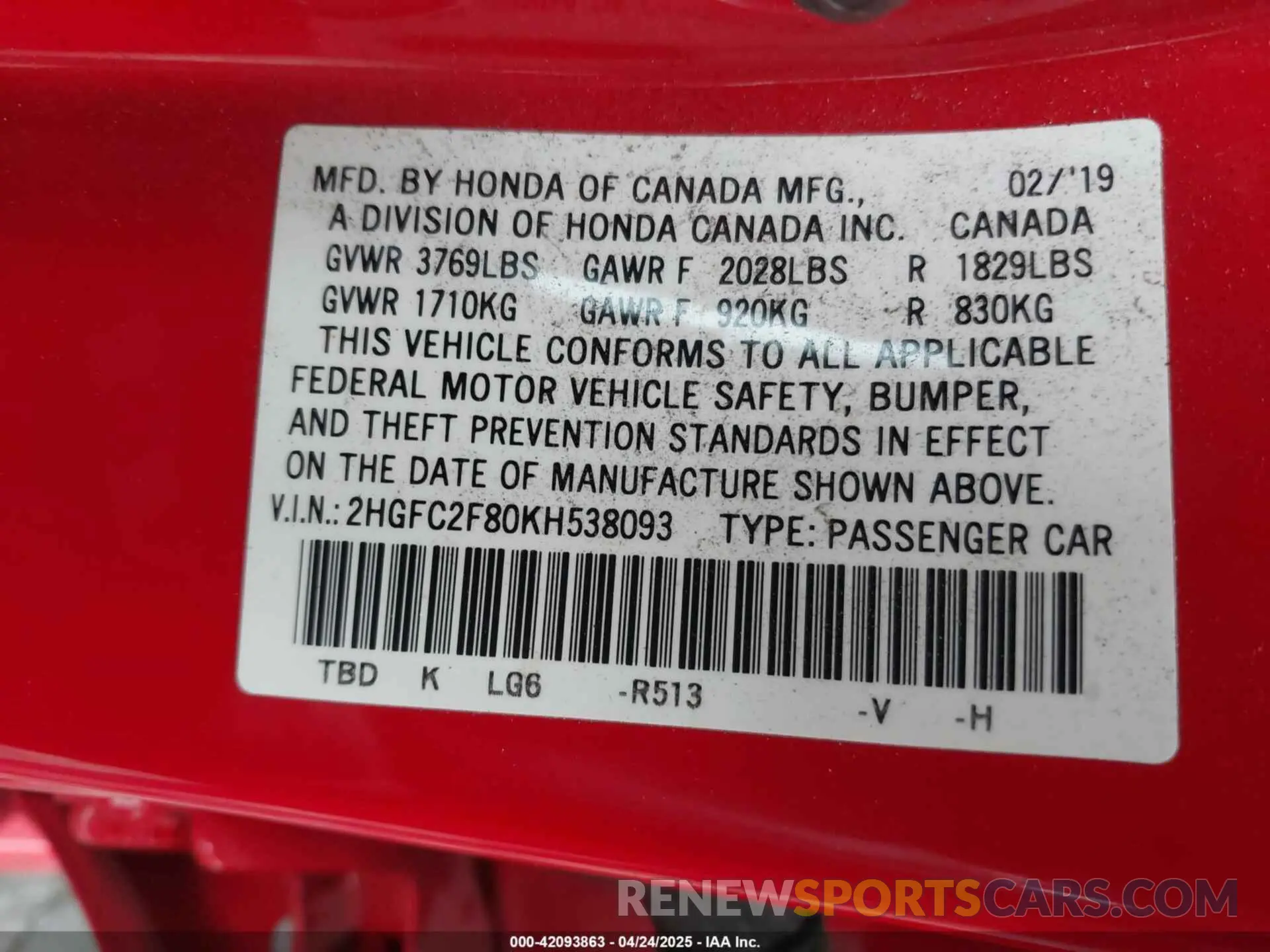 9 Photograph of a damaged car 2HGFC2F80KH538093 HONDA CIVIC 2019