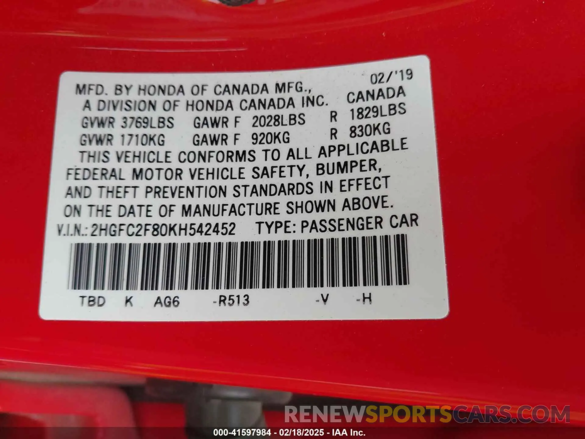 9 Фотография поврежденного автомобиля 2HGFC2F80KH542452 HONDA CIVIC 2019