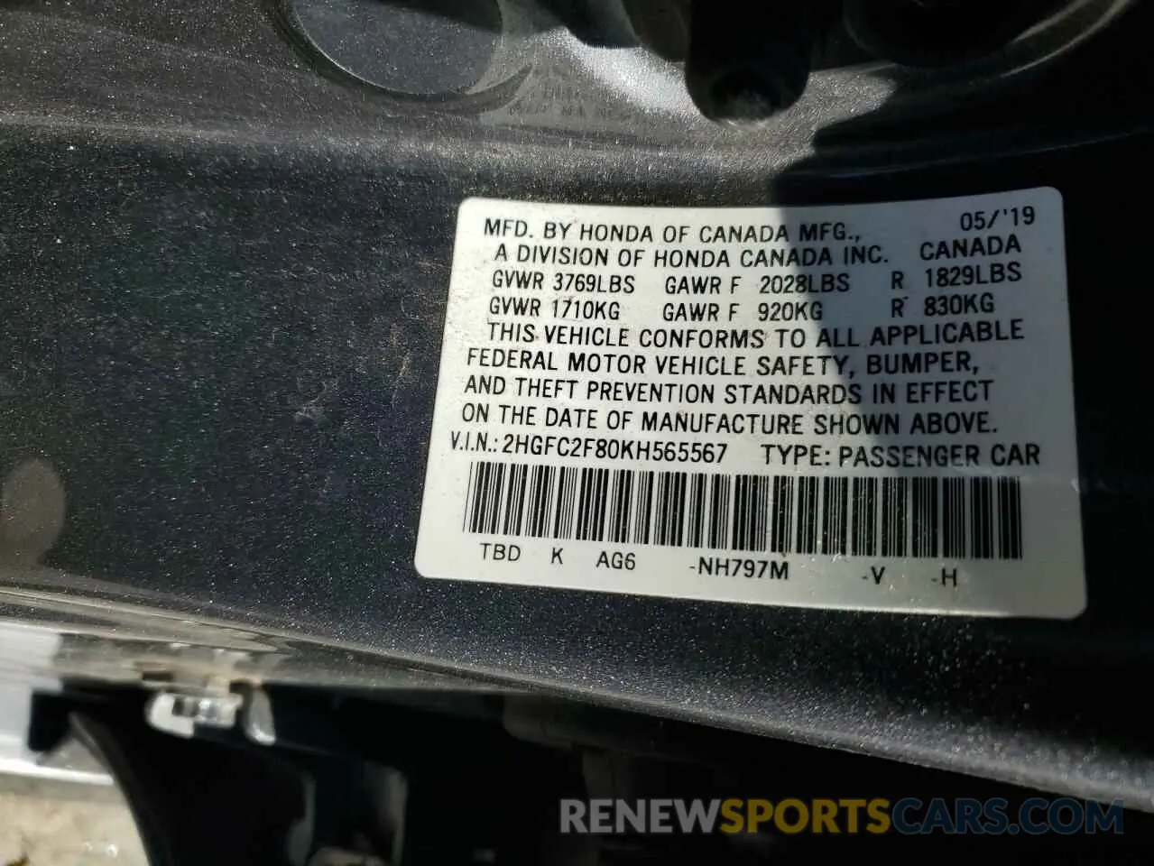 12 Photograph of a damaged car 2HGFC2F80KH565567 HONDA CIVIC 2019