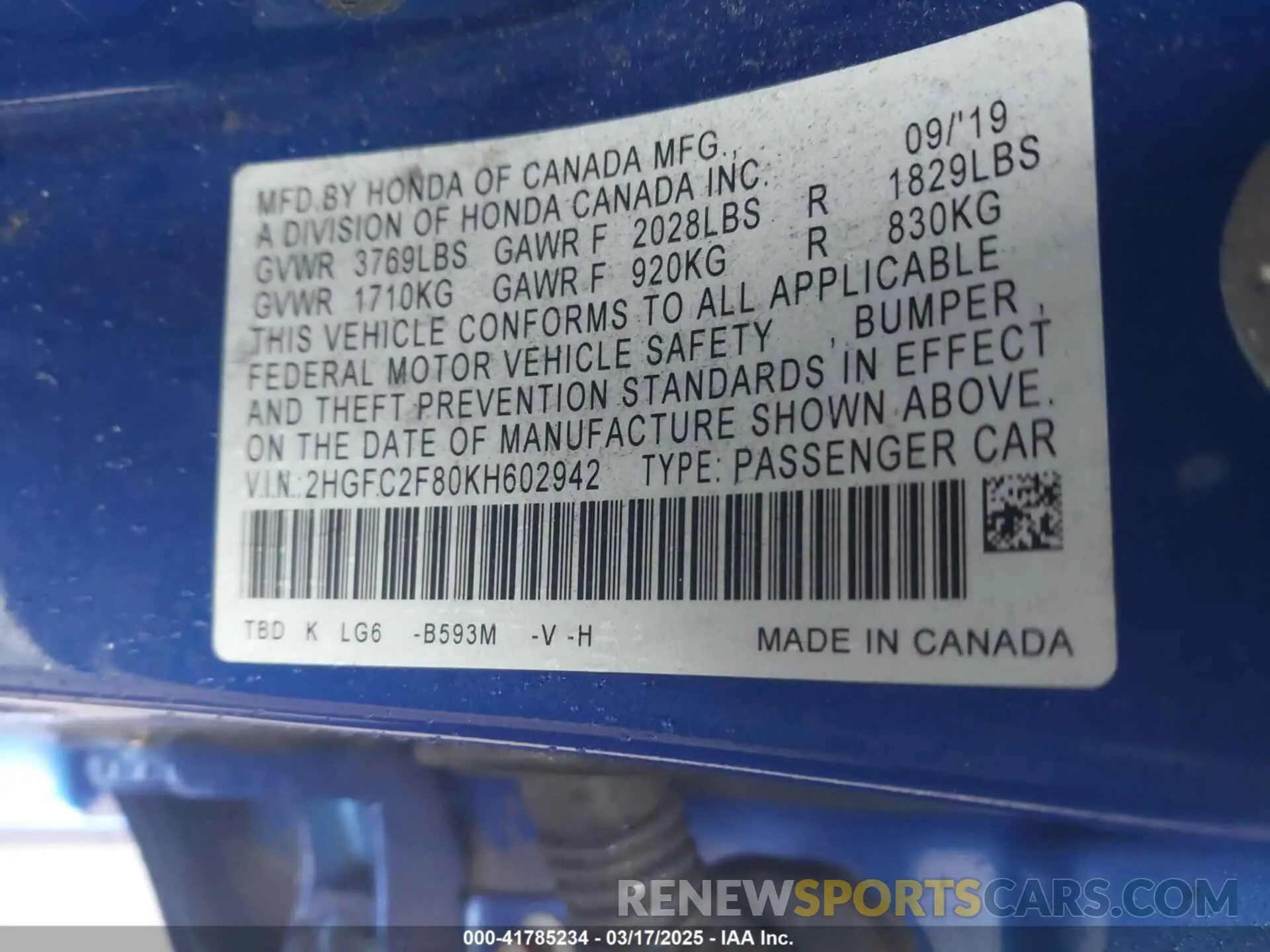9 Photograph of a damaged car 2HGFC2F80KH602942 HONDA CIVIC 2019