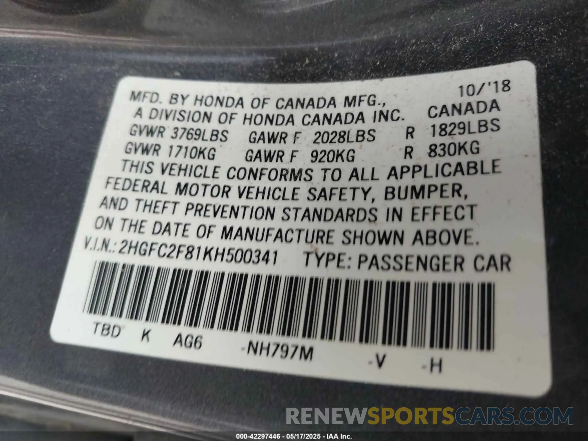 9 Photograph of a damaged car 2HGFC2F81KH500341 HONDA CIVIC 2019