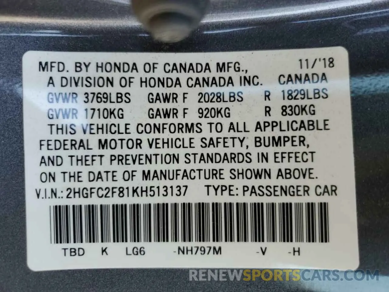 12 Photograph of a damaged car 2HGFC2F81KH513137 HONDA CIVIC 2019