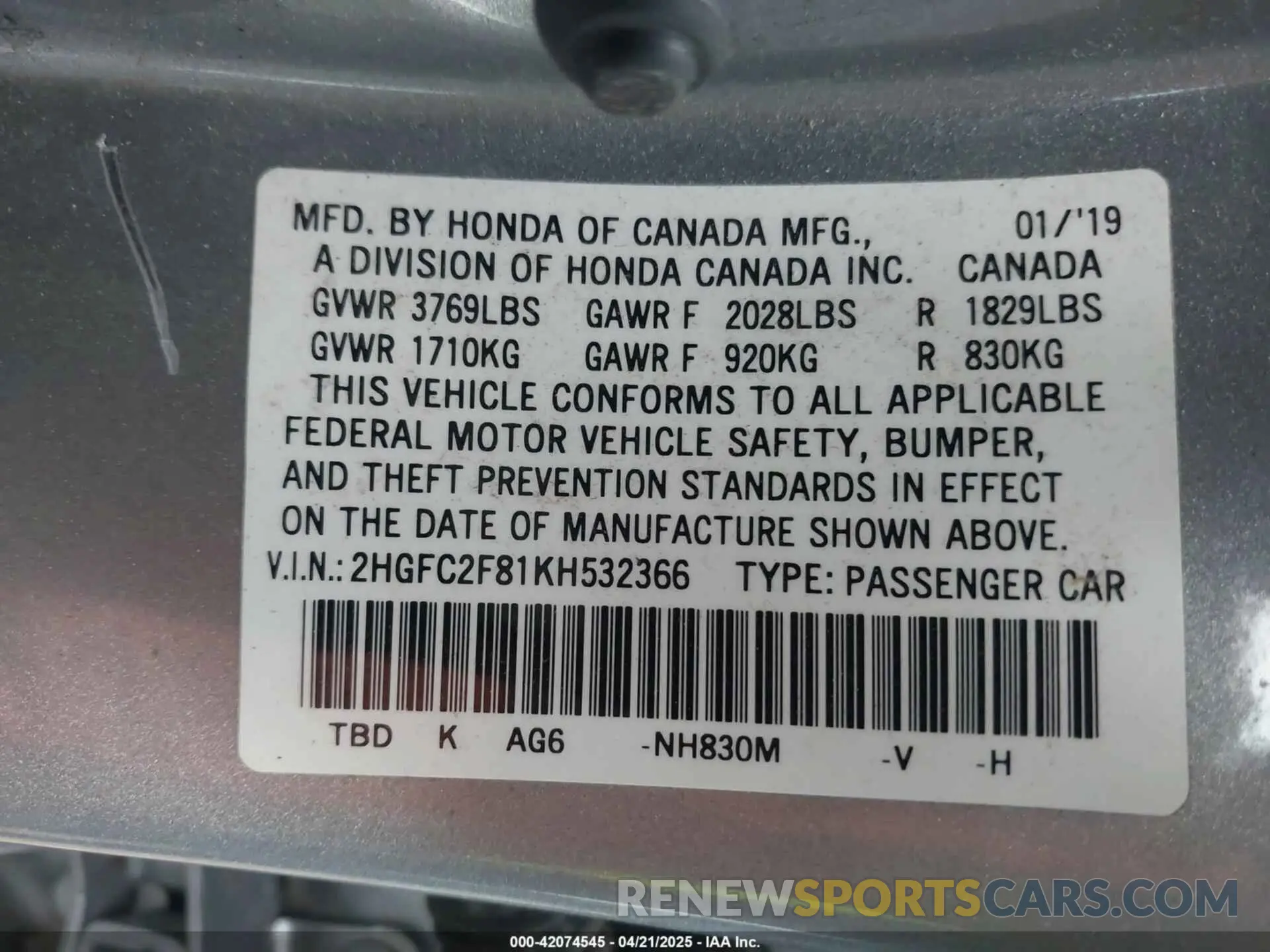 9 Photograph of a damaged car 2HGFC2F81KH532366 HONDA CIVIC 2019