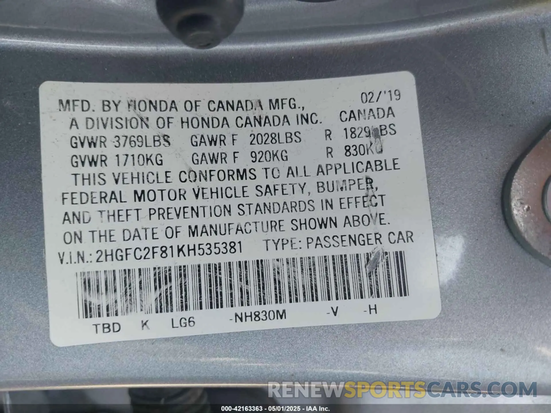 9 Photograph of a damaged car 2HGFC2F81KH535381 HONDA CIVIC 2019