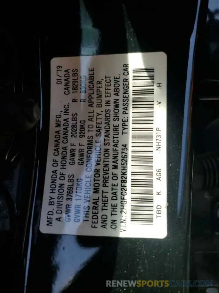13 Photograph of a damaged car 2HGFC2F82KH526754 HONDA CIVIC 2019
