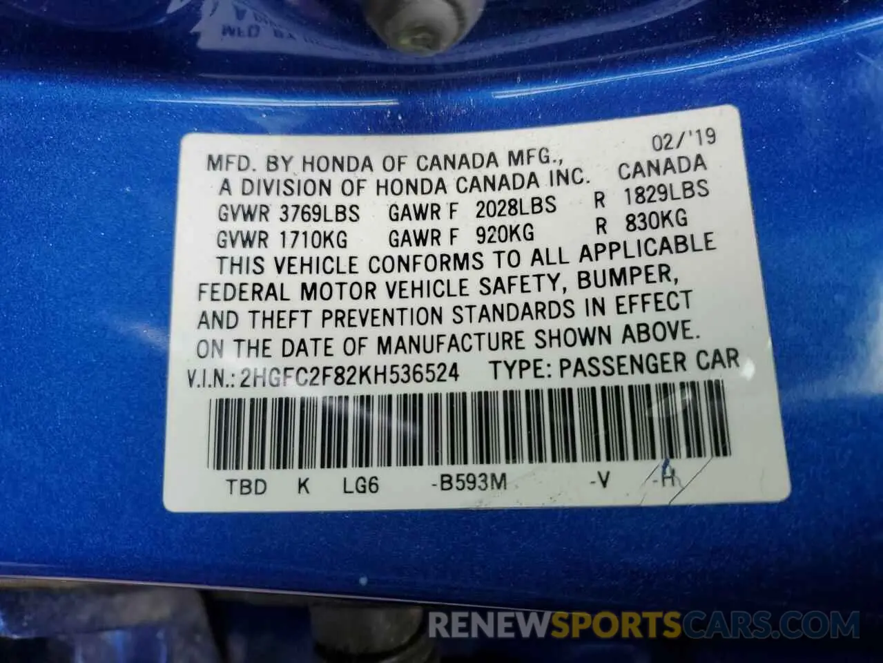 14 Photograph of a damaged car 2HGFC2F82KH536524 HONDA CIVIC 2019