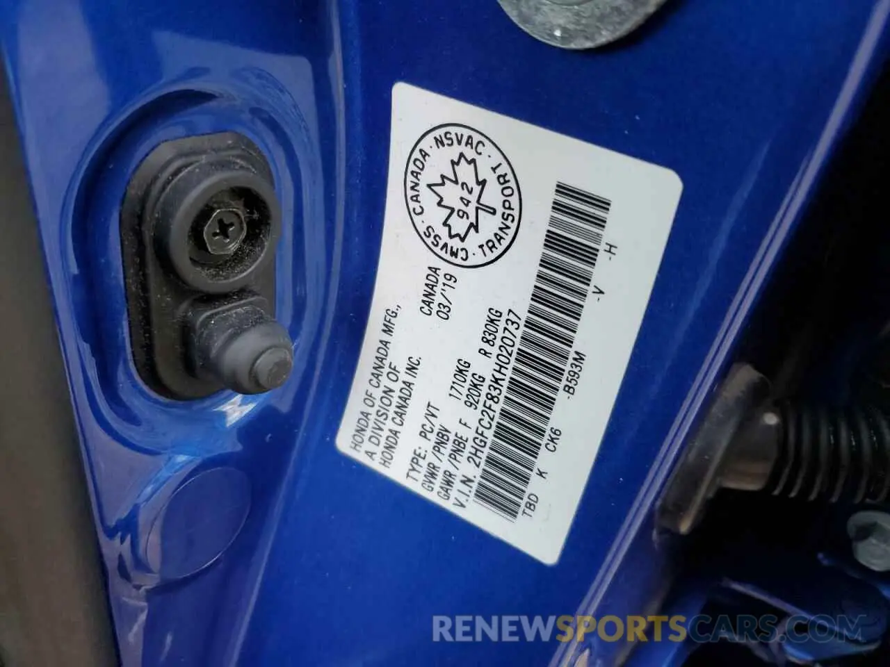 13 Photograph of a damaged car 2HGFC2F83KH020737 HONDA CIVIC 2019