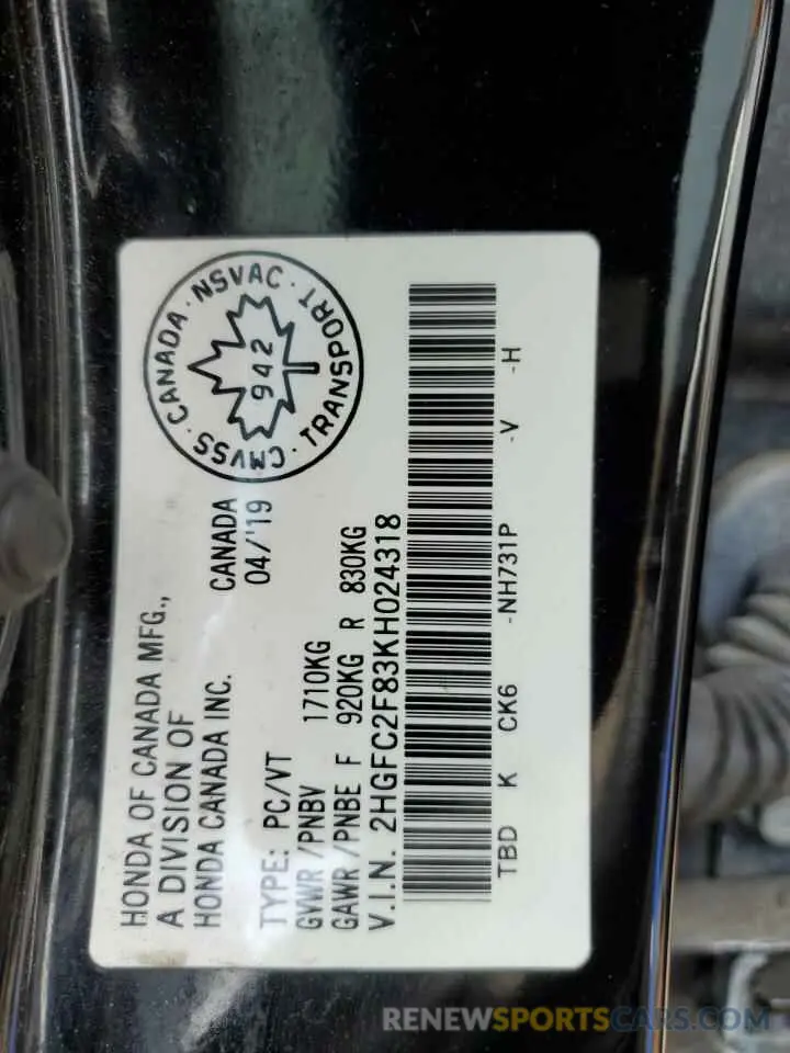 12 Фотография поврежденного автомобиля 2HGFC2F83KH024318 HONDA CIVIC 2019