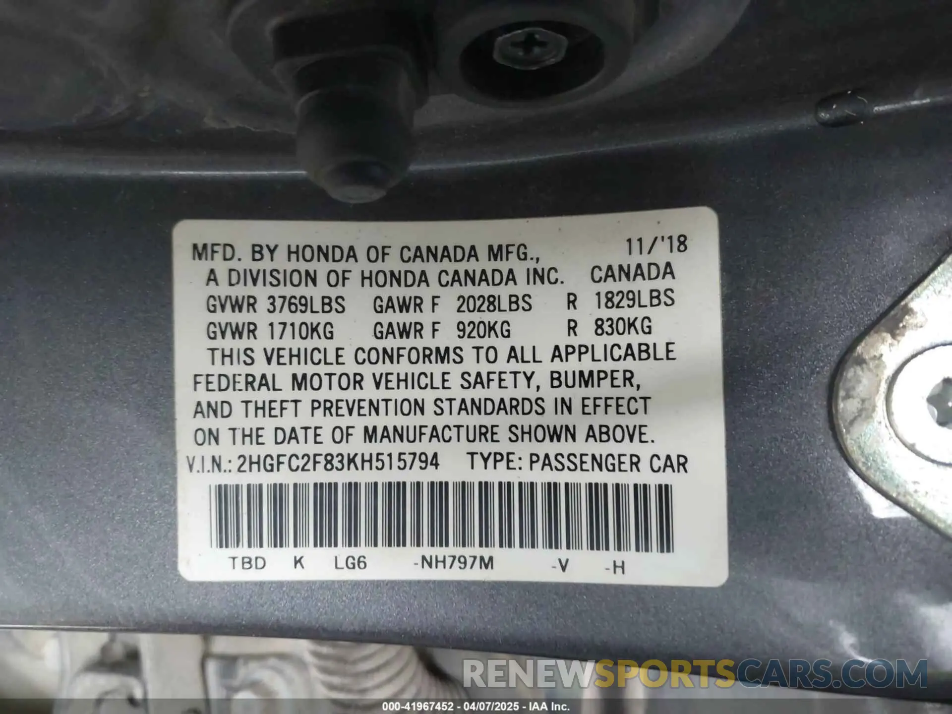 9 Фотография поврежденного автомобиля 2HGFC2F83KH515794 HONDA CIVIC 2019