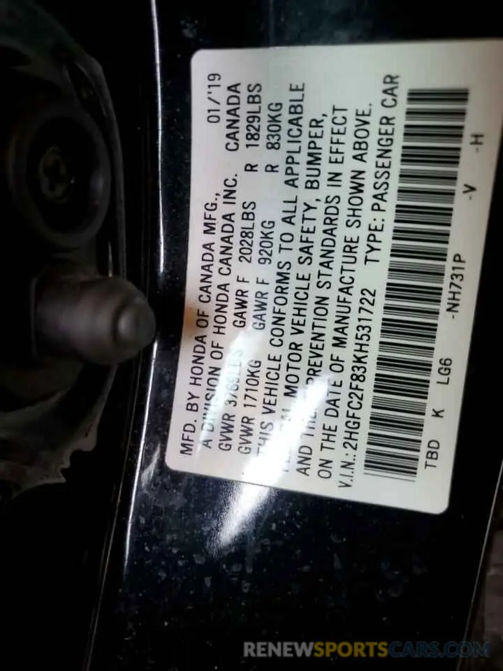 12 Photograph of a damaged car 2HGFC2F83KH531722 HONDA CIVIC 2019
