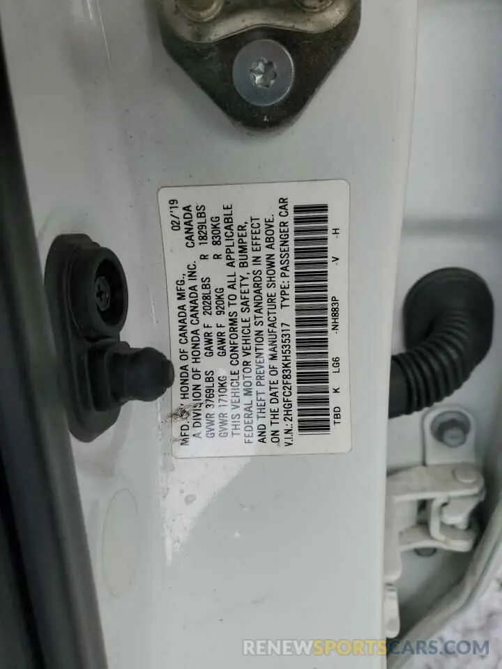 12 Photograph of a damaged car 2HGFC2F83KH535317 HONDA CIVIC 2019