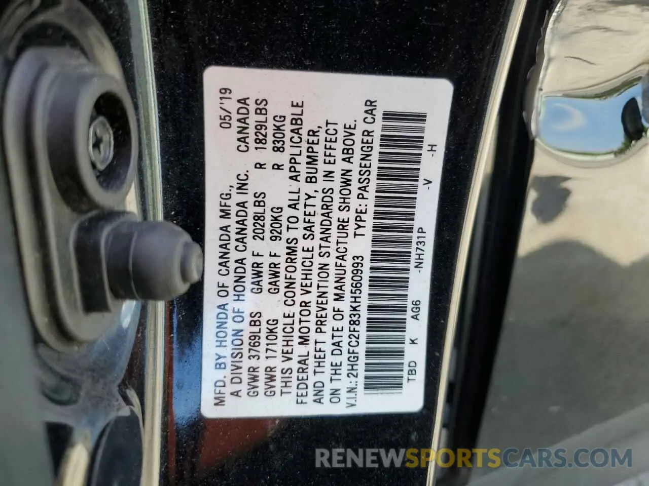 12 Photograph of a damaged car 2HGFC2F83KH560993 HONDA CIVIC 2019