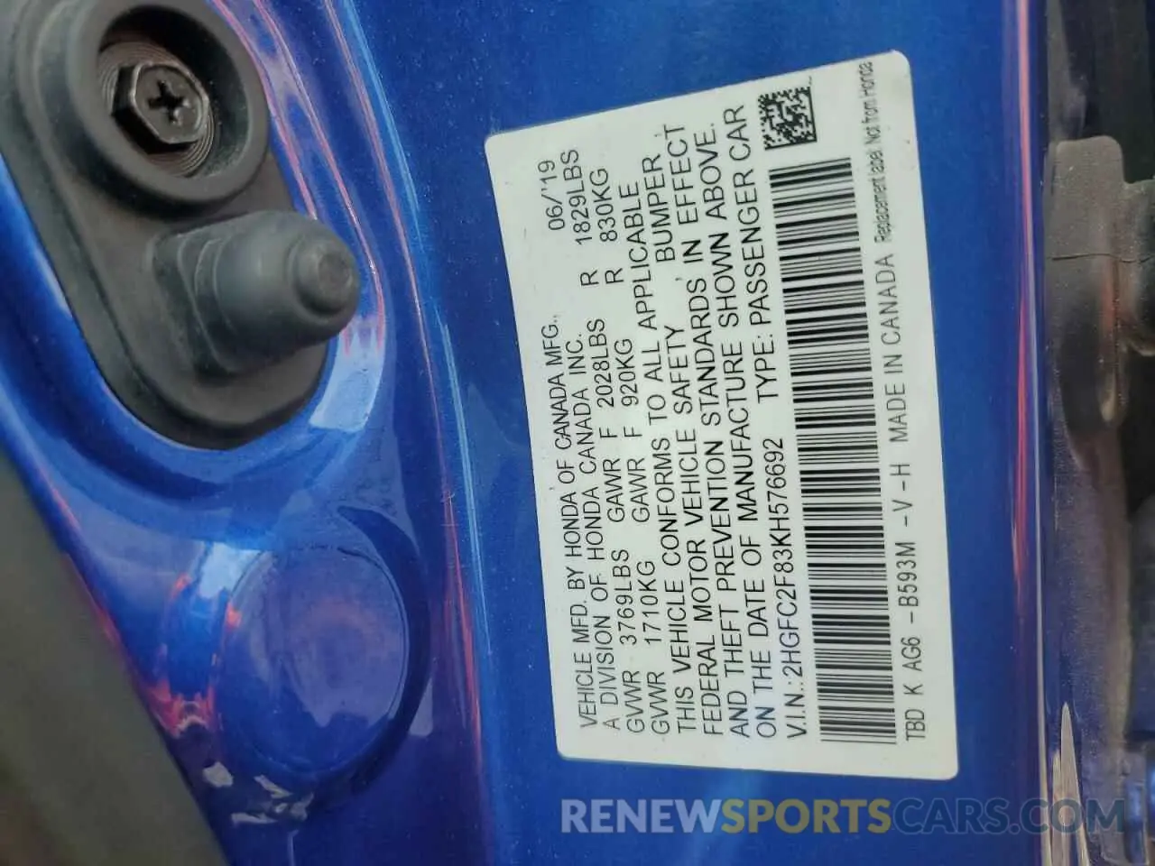 12 Photograph of a damaged car 2HGFC2F83KH576692 HONDA CIVIC 2019